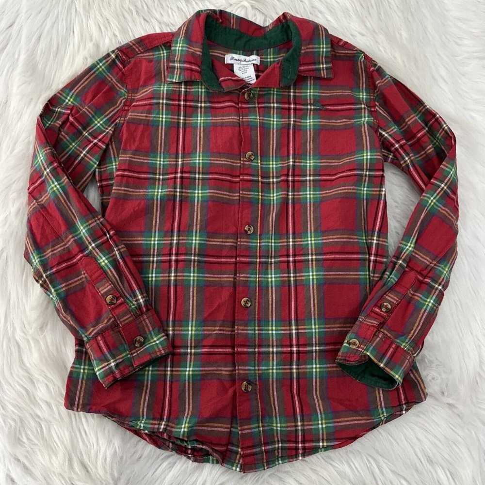 Tommy Bahama Boys Long Sleeve Button Up Shirt Red Plaid L 10/12